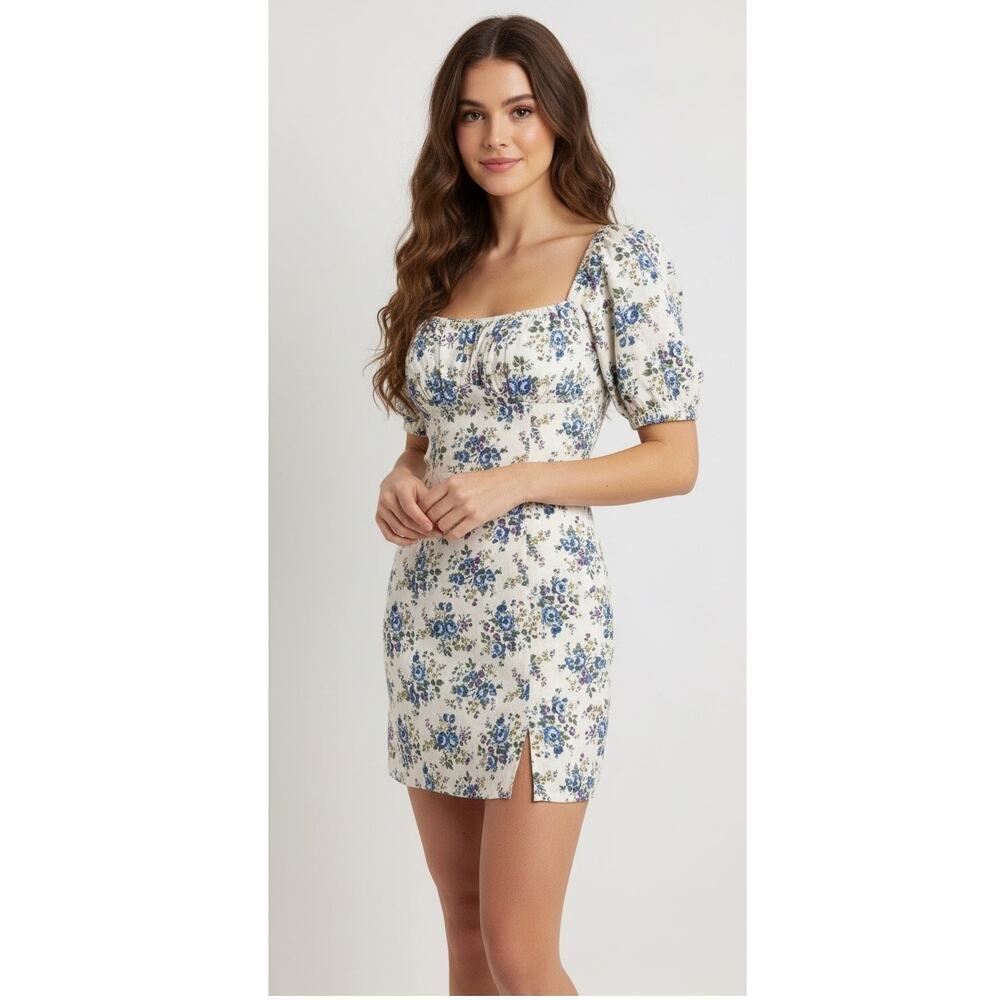 Astr Cream Midi Dress with Blue Floral Print